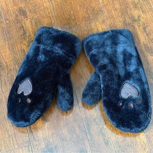 Black Fuzzy Mittens with Heart Detail